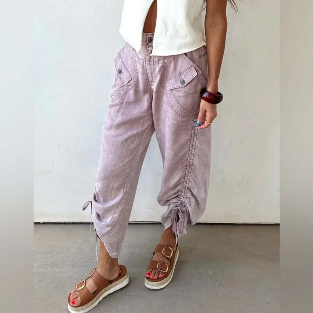 NWT Bluevelvet Cargo Pocket Tencel Side Ruched Mauve Cropped Pants - Picture 11 of 13